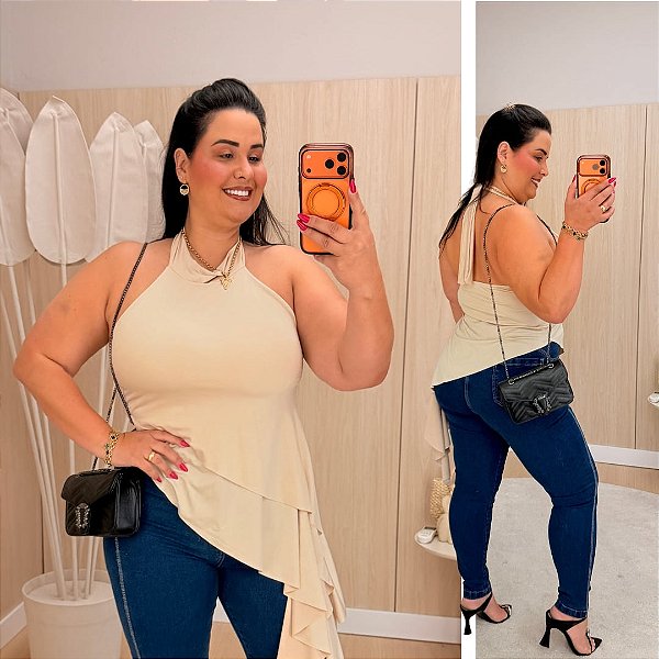 Blusa Assimétrica Lisa Nude Plus Size