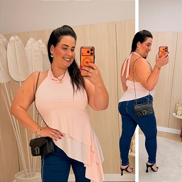 Blusa Assimétrica Lisa Rosa Plus Size