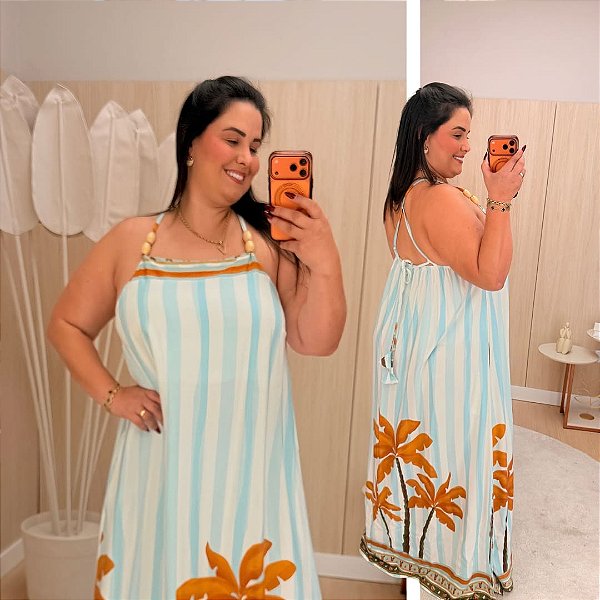 Vestido Santorini Listra Azul Estampado Plus Size