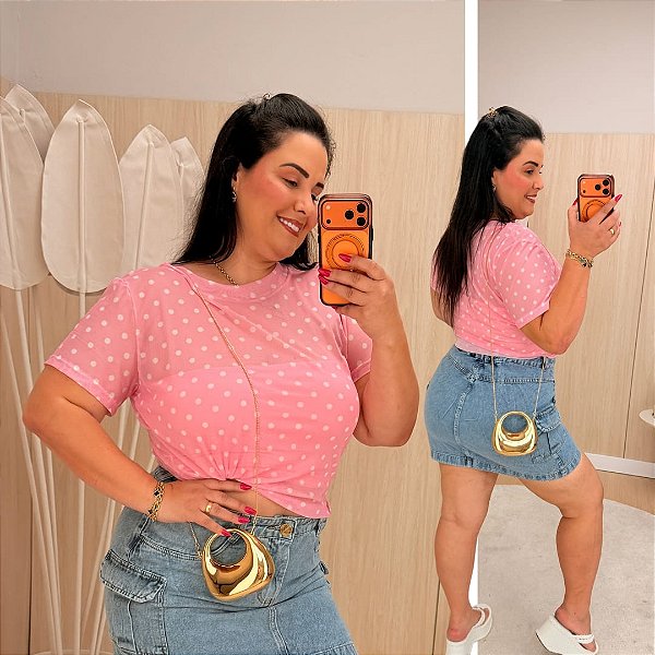 Blusa Tule Poá Lia Rosa Plus Size