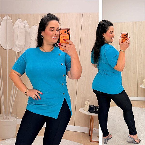 Blusa Vest Legging Botões Turquesa Plus Size