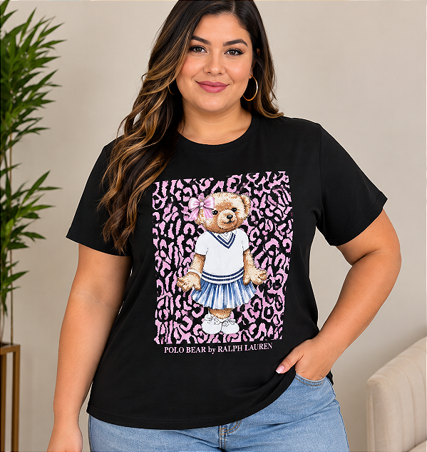 T shirt Ursa Preta e Lilás Animal Print Plus Size