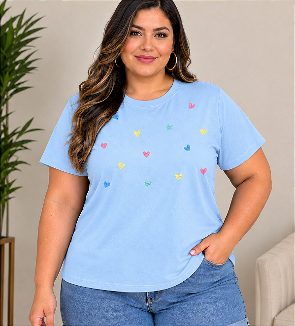 T shirt Bordada Azul Corações Plus Size