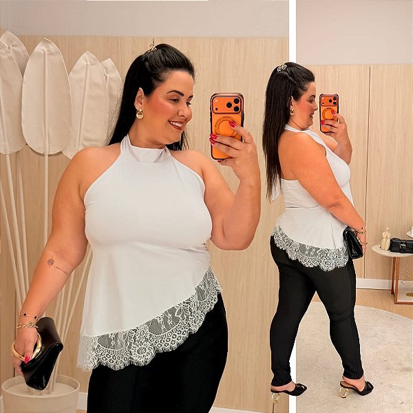 Blusa Assimétrica Renda Branca Plus Size
