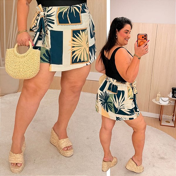 Short Saia Babi Estampado Verde e Bege Plus Size