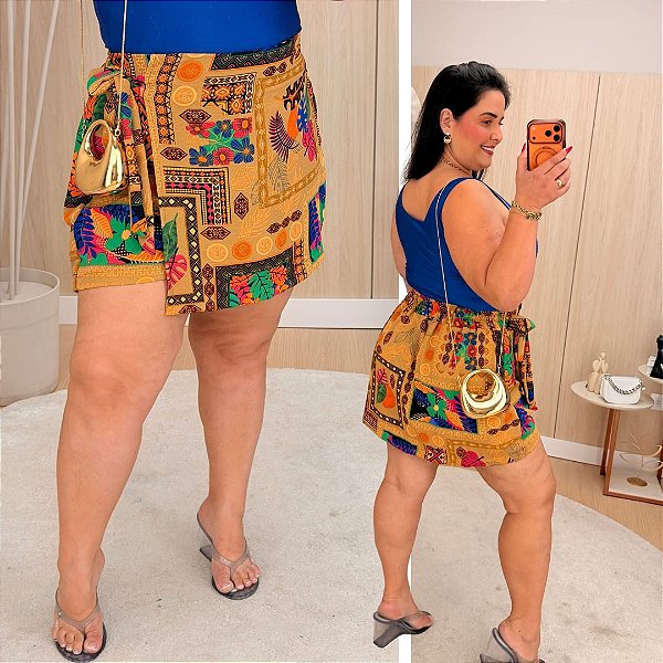 Short Saia Babi Bege Estampado Plus Size
