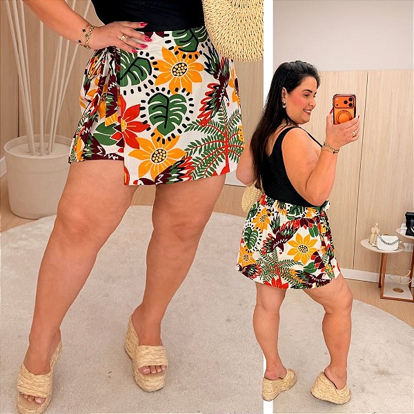 Short Saia Babi Tropical Laranja e Verde Plus Size