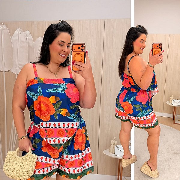 Conjunto Antonela Azul e Rosa Estampado Plus Size