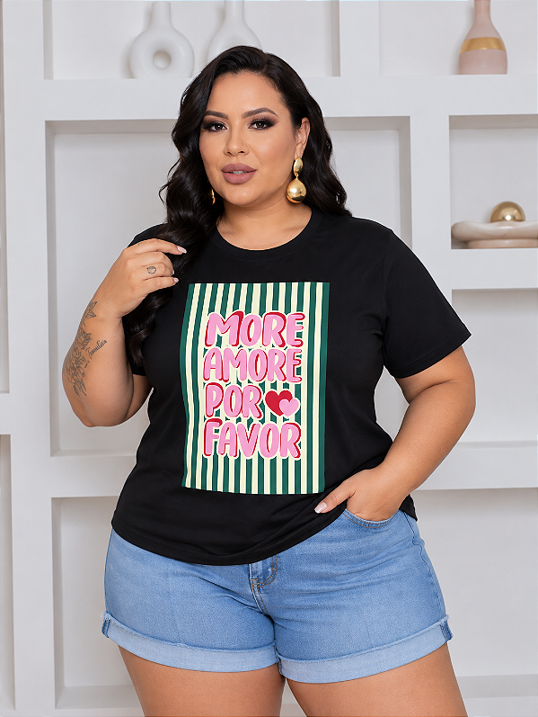 T shirt Estampa More Amore Preta Plus Size