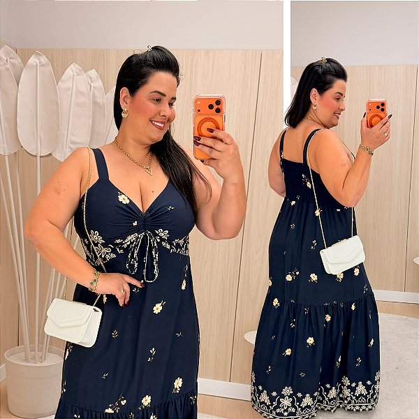 Vestido Longo Sabrina Azul Marinho Floral Plus Size
