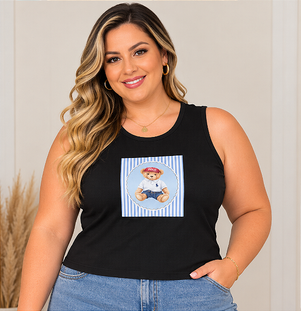 Regata Preta Estampa Urso Plus Size