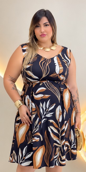 Vestido Alça Emília Preto Estampado Plus Size