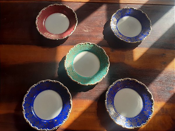 Pratos de Bolo Bavária Germany 5 pçs Bordas Douradas