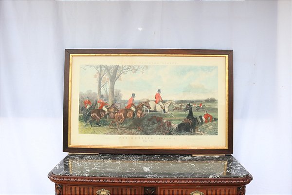 Gravura Inglêsa Caça à raposa J.F Herring Moldura jacarandá