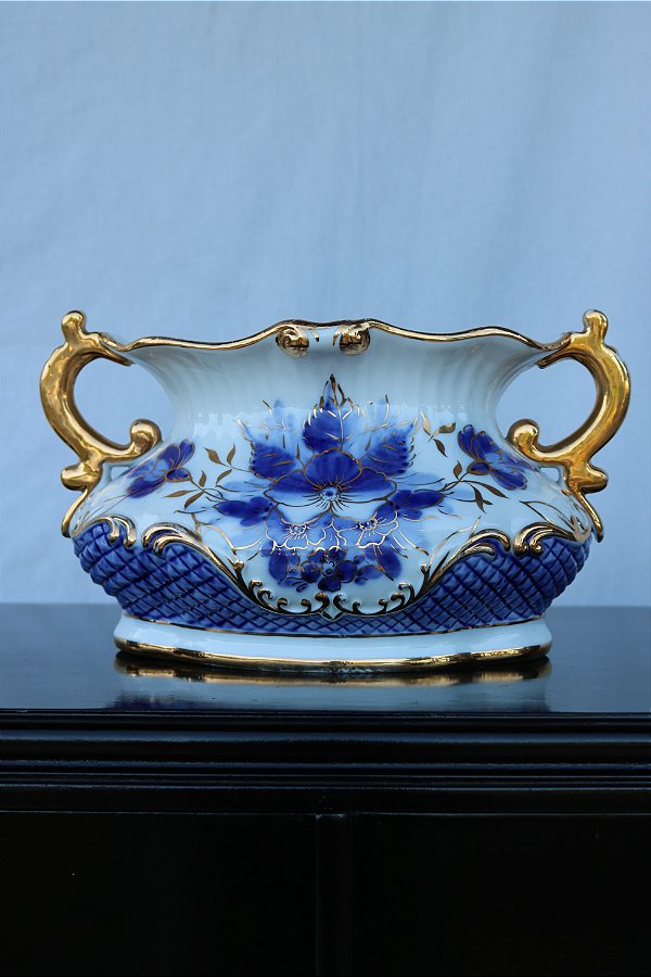 Centro de Mesa/Cachepô com policromia azul e dourado 1950/60