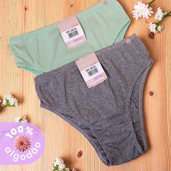 Kit com 2 Calcinhas Laura Malha Canelada 100% Algodão com Elástico Embutido