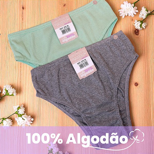 Kit com 2 Calcinhas Laura Malha Canelada 100% Algodão com Elástico Embutido