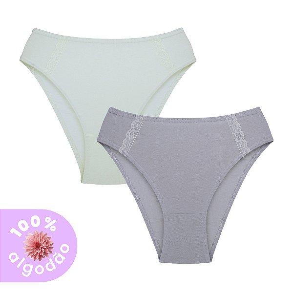Kit com 2 Tangas Altas com Rendinha 100% Algodão Elástico Embutido