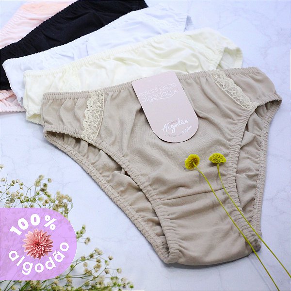 Kit com 6 Tangas Altas com Rendinha 100% Algodão Elástico Embutido
