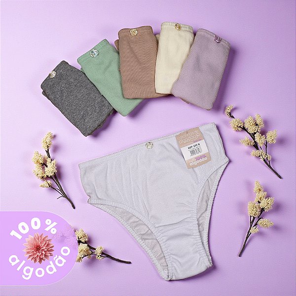 Kit com 6 Calcinhas Laura Malha Canelada 100% Algodão com Elástico Embutido