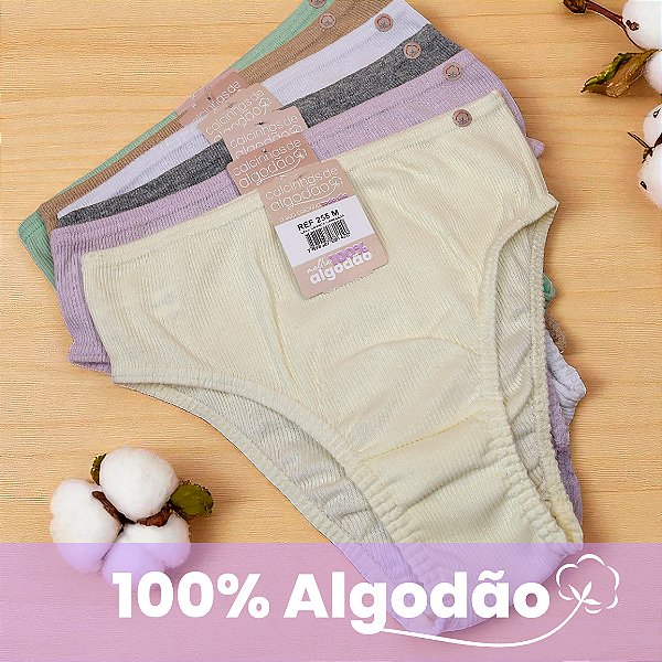 Kit com 6 Calcinhas Laura Malha Canelada 100% Algodão com Elástico Embutido