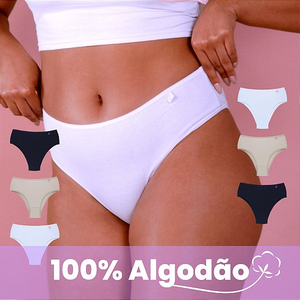 Kit com 6 Tangas Básicas Mari Cintura Alta 100% Algodão