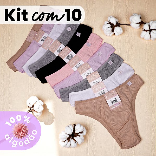 Kit com 10 Tangas Caneladas Alice 100% Algodão