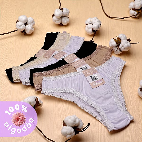 Kit com 6 Tangas Cintura Baixa com Renda 100% Algodão