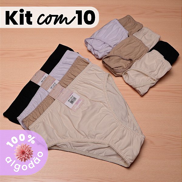 Kit com 10 Calcinhas Cava e Cintura Alta 100% Algodão