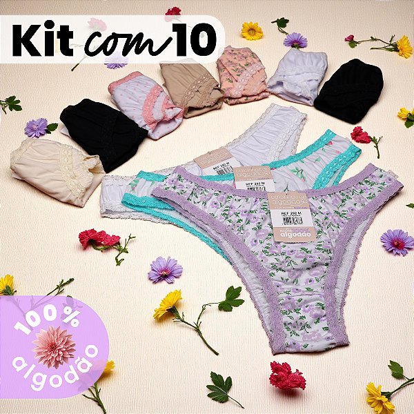 Kit com 10 Tangas Cintura Baixa com Renda 100% Algodão