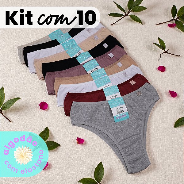 Kit Bela com 10 Tangas Cintura Alta Algodão com Elastano