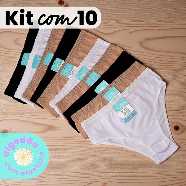 Kit com 10 Calcinhas com Elástico Largo Algodão com Elastano