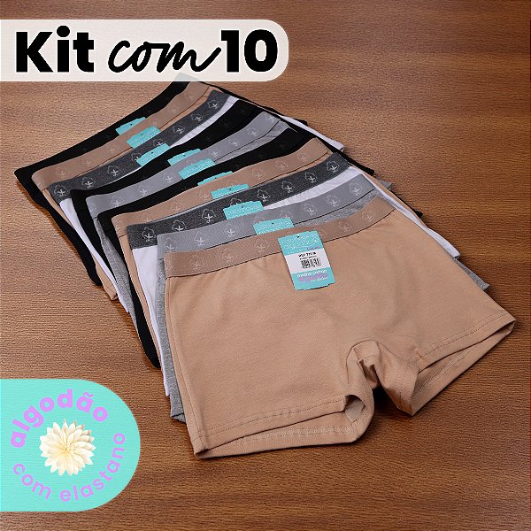 Kit com 10 Calcinhas Boxer Feminina Algodão com Elastano