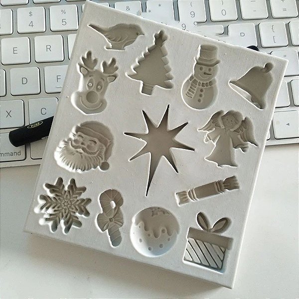 Molde de silicone Tema Natalino (Modelo 2) árvore de natal, anjo, sino, boneco de neve, estrela, papai noel, floco de neve, rena