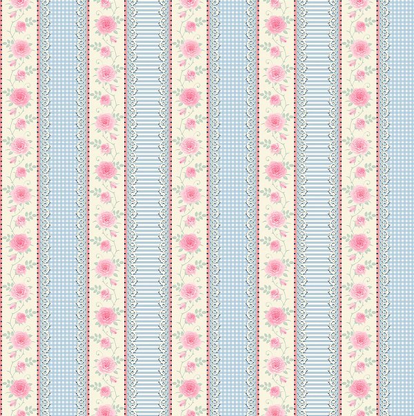 Tecido Tricoline Digital Barrado Floral Rosa Bege Azul Claro e Rosa Claro