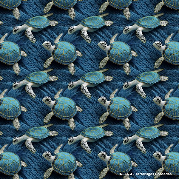 Tecido Tricoline Digital 3D Tartarugas Bordadas