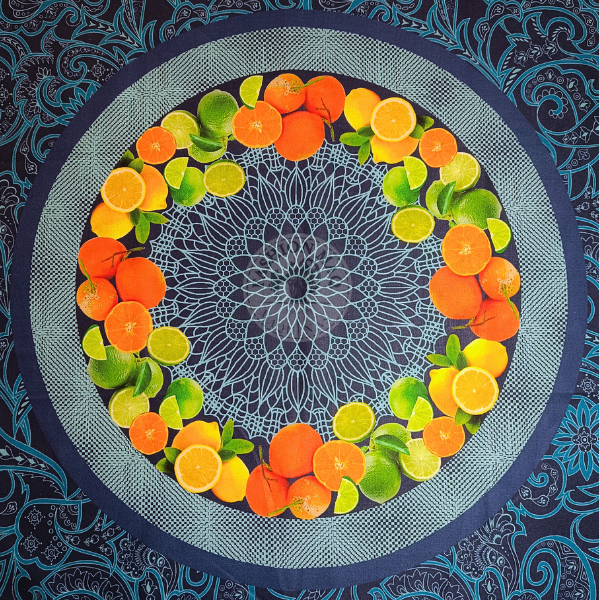 Tecido Digital Souplat Frutas Cítricas Fd Azul Marinho