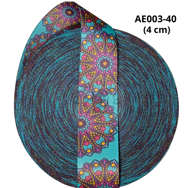 Alça Acetinada Estampada Cor 003 Mandala Petróleo 40mm (4cm) - Toque Macio e Alta Resistência