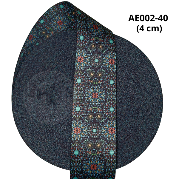 Alça Acetinada Estampada Cor 002 Mandalas Coloridas Fd Preto 40mm (4cm) - Toque Macio e Alta Resistência