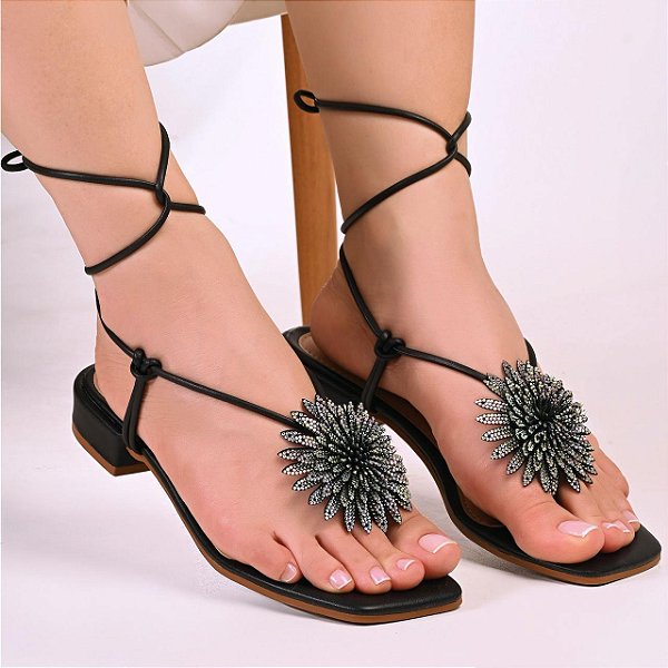 SANDALIA FLOR AMARRAÇÃO PRETO