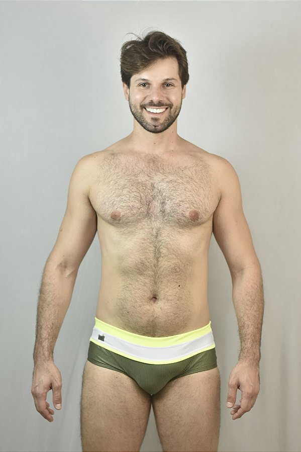 Sunga Tradicional Barrada Tricolor Verde Militar/Néon/Branco  MenF5