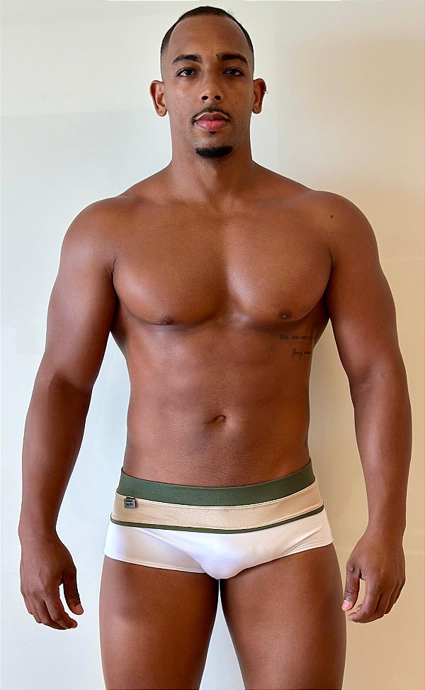 Sunga Tradicional Barrada Tricolor Azul Marinho/ Branco/ Beje / Verde Militar   MenF5