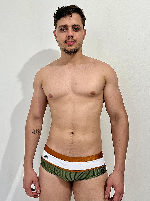 Sunga Slim Tricolor Verde Militar/ Branco/ Dourado MenF5