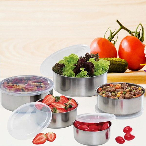 Conjunto De Potes Tigelas Inox Com Tampa 5 Peças
