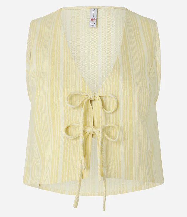 Colete em Algodão com Amarração Frontal e Estampa Listrada Amarelo