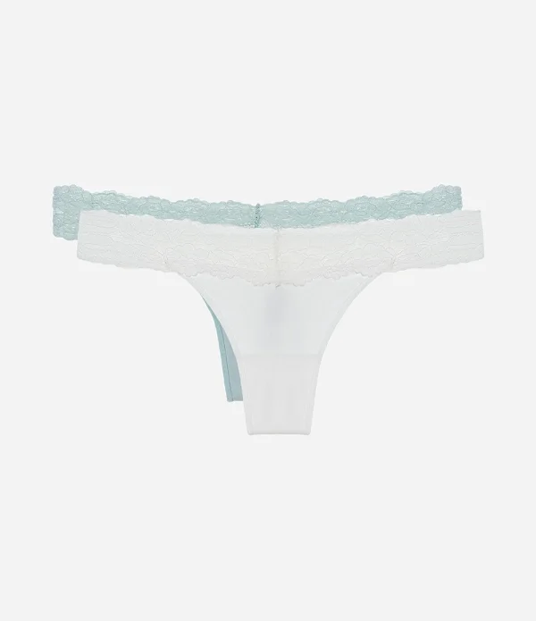 Kit com 2 Calcinhas Biquíni Fio com Detalhes em Renda Branco/ Verde