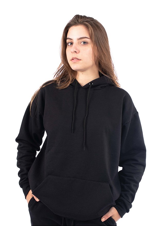 Blusão Canguru de Moletom Unissex Com Capuz - PRETO - LISO