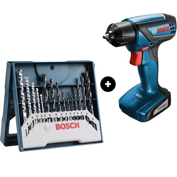 Kit Bosch Parafusadeira GSR 1000 12V com Jogo de Brocas para Metal Madeira e Concreto Bosch Mini X-Line 15 Peças