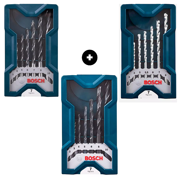 Kit Bosch X-Line com 21 Brocas para Metal, Madeira e Concreto – 3 Jogos com Maletas Organizadoras 7 Peças cada