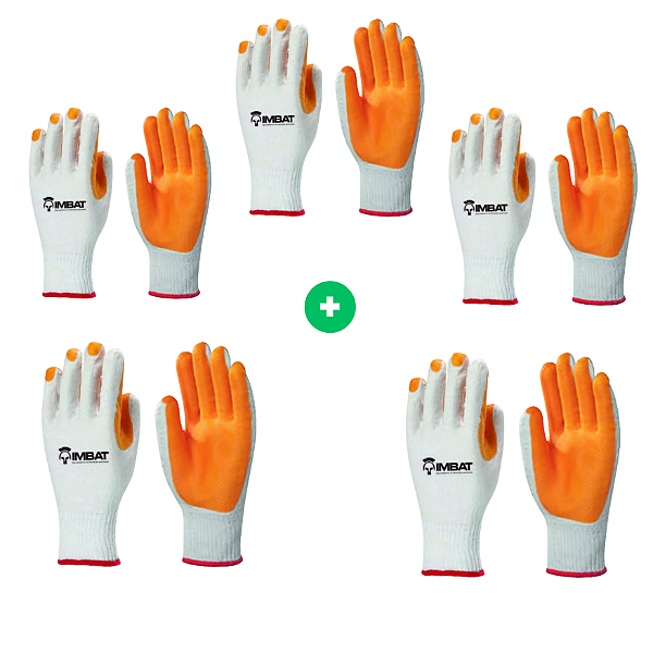 Kit 5 Luvas de Malha IMBAT Tamanho G com Revestimento em Látex Vulcanizado